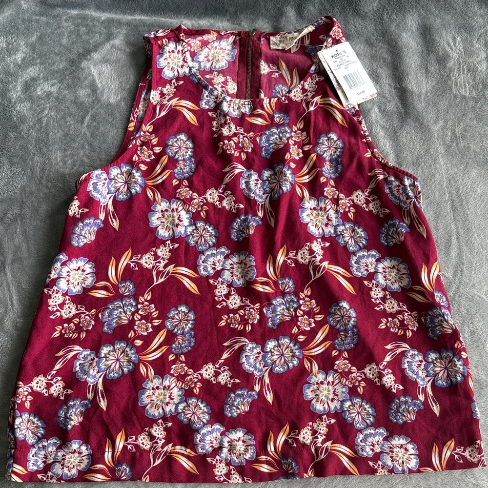 Monteau Burgundy Floral High-Neck Sleeveless Camisole